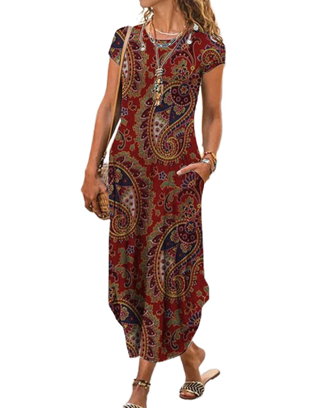 Women's Summer Casual Floral Maxi Dress with Pockets - Boho Short Sleeve Loose Fit Split Hem Beach Dress for Vacation, Party & Outdoor Activities
