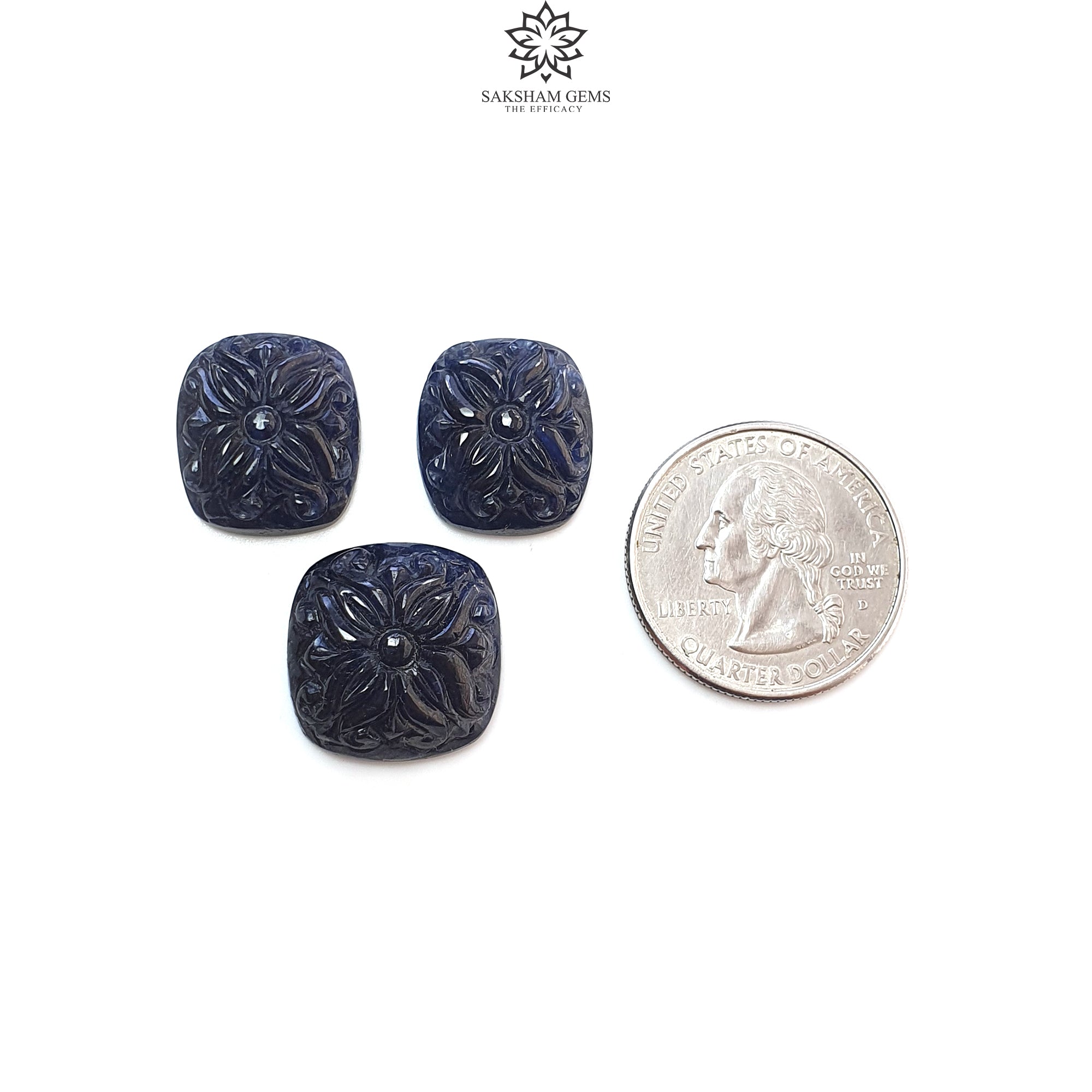 Natural Deep Blue Sapphire Gemstone Carving - 62.60cts Untreated Unheated Hand-Carved Cushion Shape (17x15mm & 18x20mm, 3pcs) | Jewelry Making, Engagement Rings & Luxury Gift Ideas