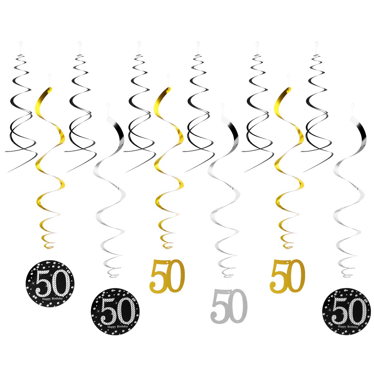 OULII 50th Birthday Party Decorations - 12 Pack Happy Birthday Hanging Swirls & Curly Ribbons - Perfect for Milestone Birthday Celebrations, Anniversaries, and Special Events