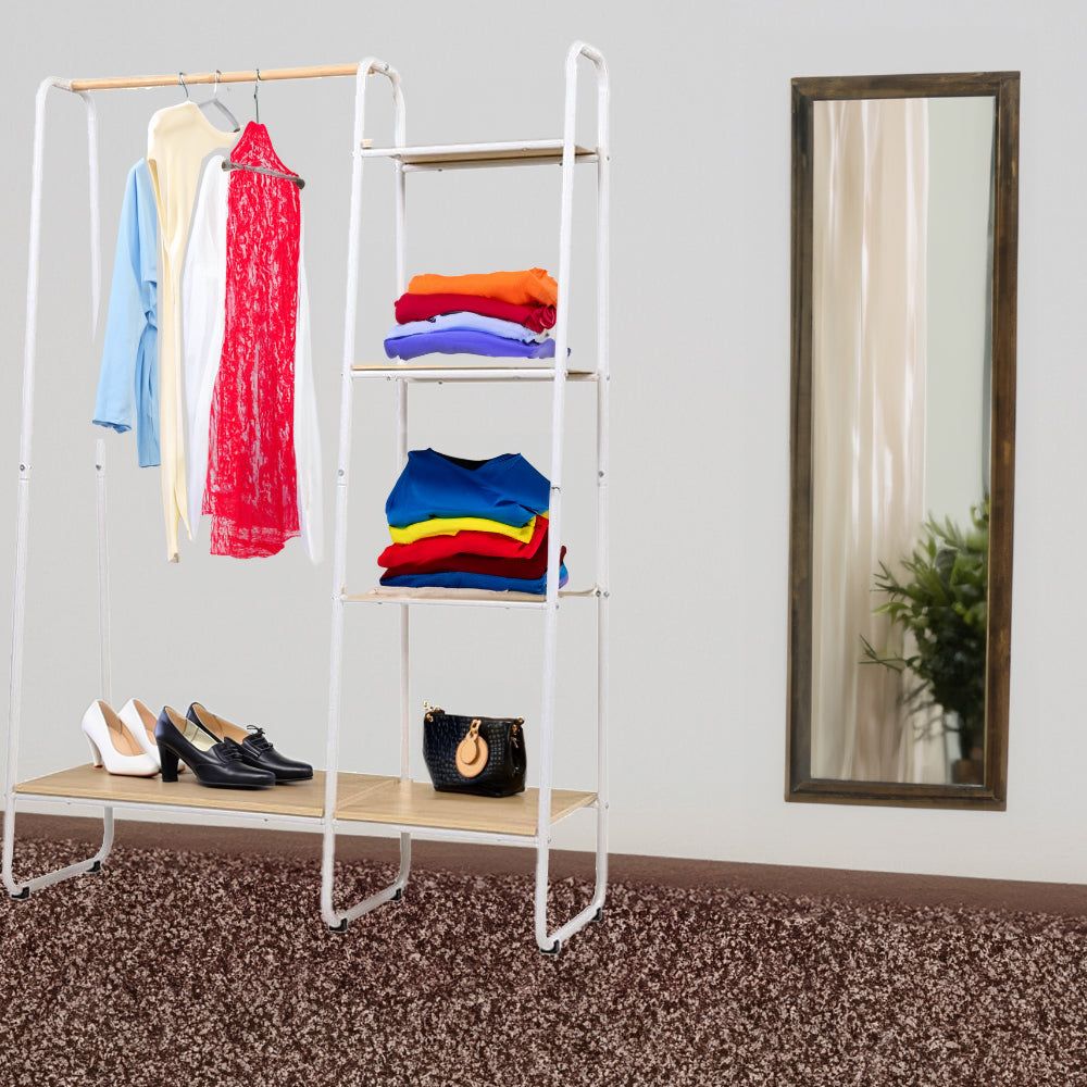White Closet Storage Rack - Adjustable Garment Rail with Shelves for Wardrobe Organization | Perfect for Bedroom, Walk-in Closet & Laundry Room Storage