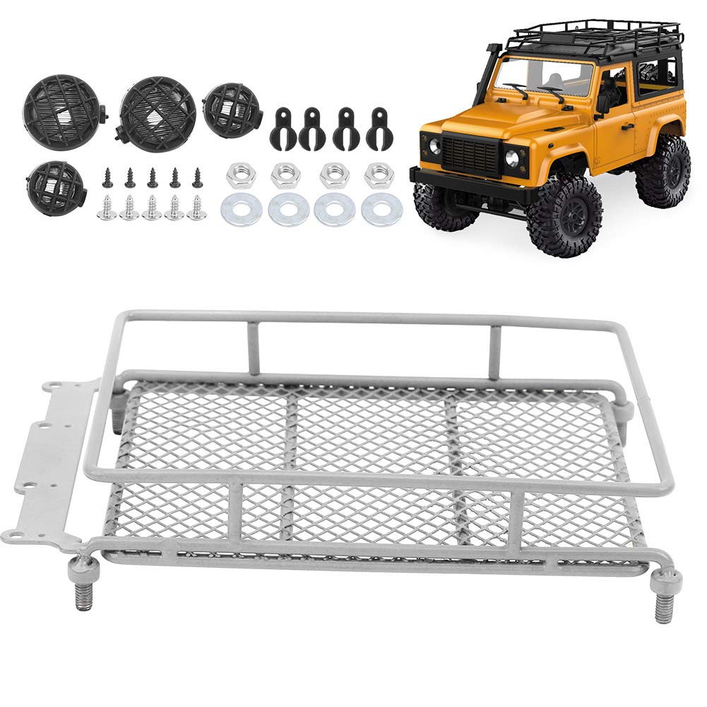 Remote Control RC Car Roof Rack Carrier Tray with LED Light Bar - 1/10 Scale Upgrade Accessory for Crawler & Off-Road Vehicles (Silver) | Perfect for RC Adventure & Trail Simulation