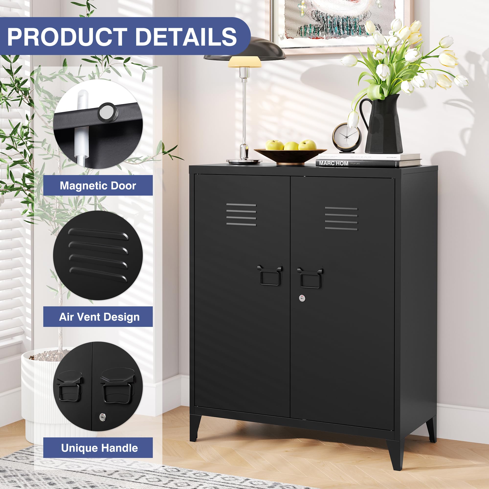 Black Metal Storage Cabinet with Doors & Adjustable Shelves - Home Office Organization Cabinet with Lock & Leveling Legs (Assembly Required) | Perfect for Office Supplies, Tools & Household Storage