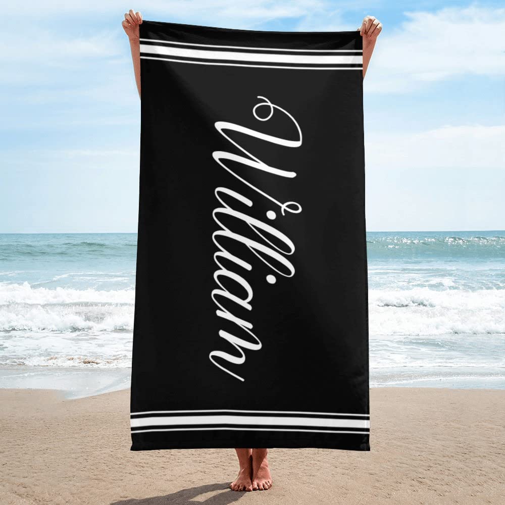 Custom Personalized Beach Towels with Name - Monogrammed Black Stripe Beach Towel for Men, Women & Kids - Soft Quick-Dry Large Beach Blanket for Pool, Vacation & Summer Outdoor Activities