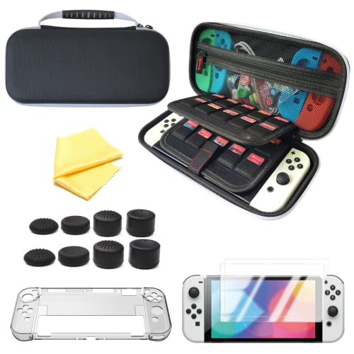 KAXIMEII Nintendo Switch OLED Accessories Bundle - Hard Shell Portable Case, Rocker Cap, Tempered Glass Screen Protector & Crystal Cover for OLED Console & Joy-cons (Black+White Zipper) - Perfect for Travel, Gaming Protection & Home Storage