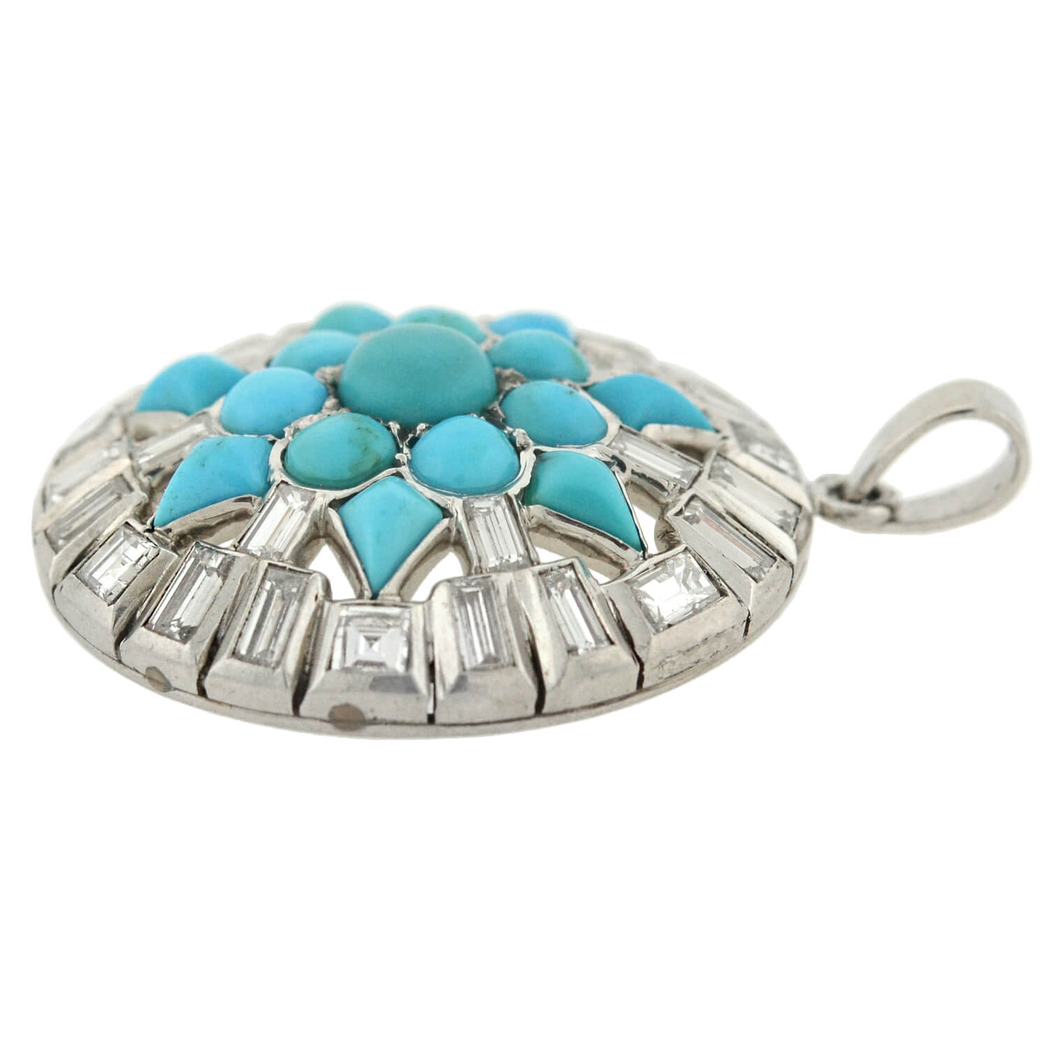 Art Deco Platinum Turquoise and Diamond Starburst Pendant Necklace - 3.00ctw Vintage Jewelry for Women - Perfect for Evening Gala, Wedding & Special Occasions