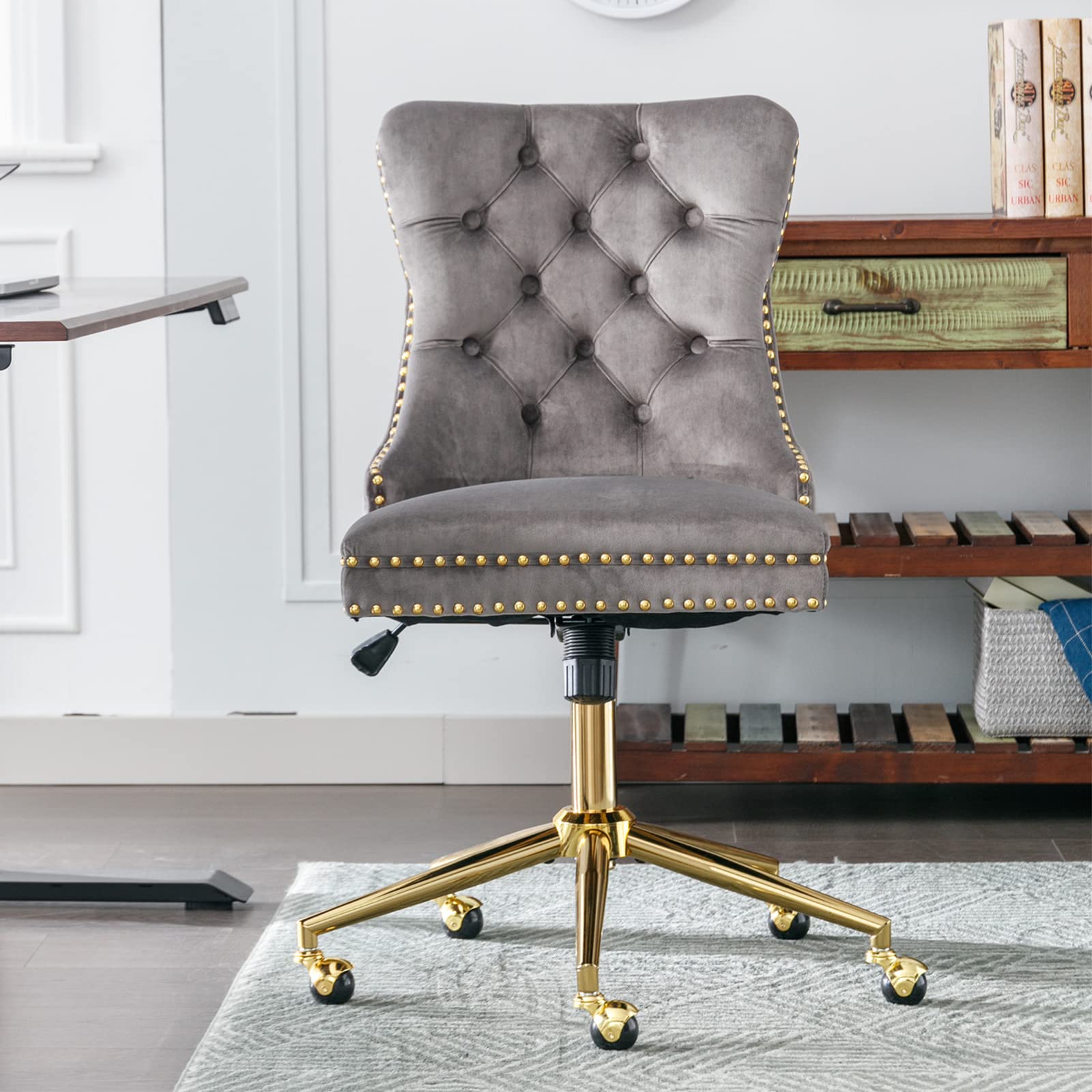 Modern Velvet Upholstered Tufted Button Office Chair - 360° Swivel & 120° Rocking Ergonomic Computer Desk Chair, Armless Task Chair for Home Office, Vanity, Gaming & Study - Gray