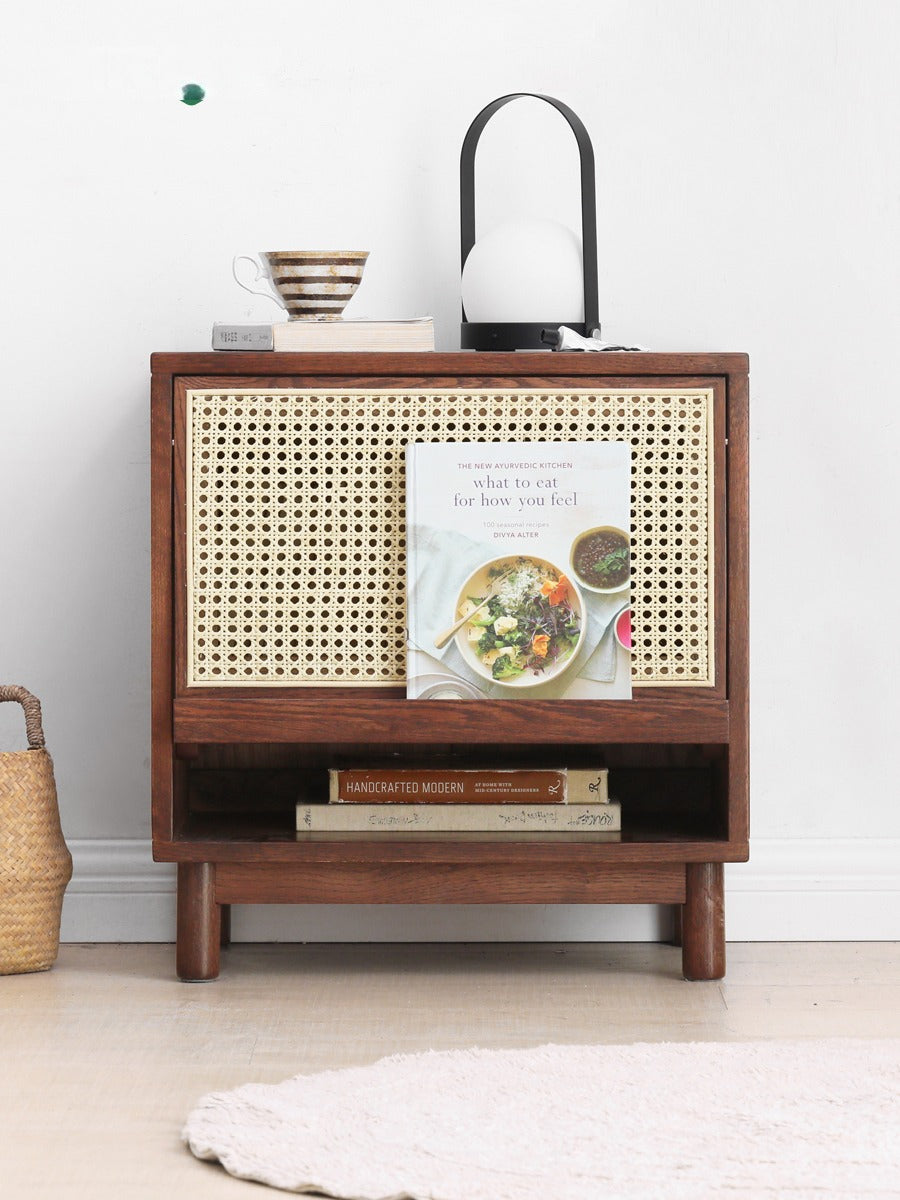 Solid Oak Wood Rattan Magazine Storage Cabinet - Stylish Organizer for Living Room, Bedroom, or Office Décor