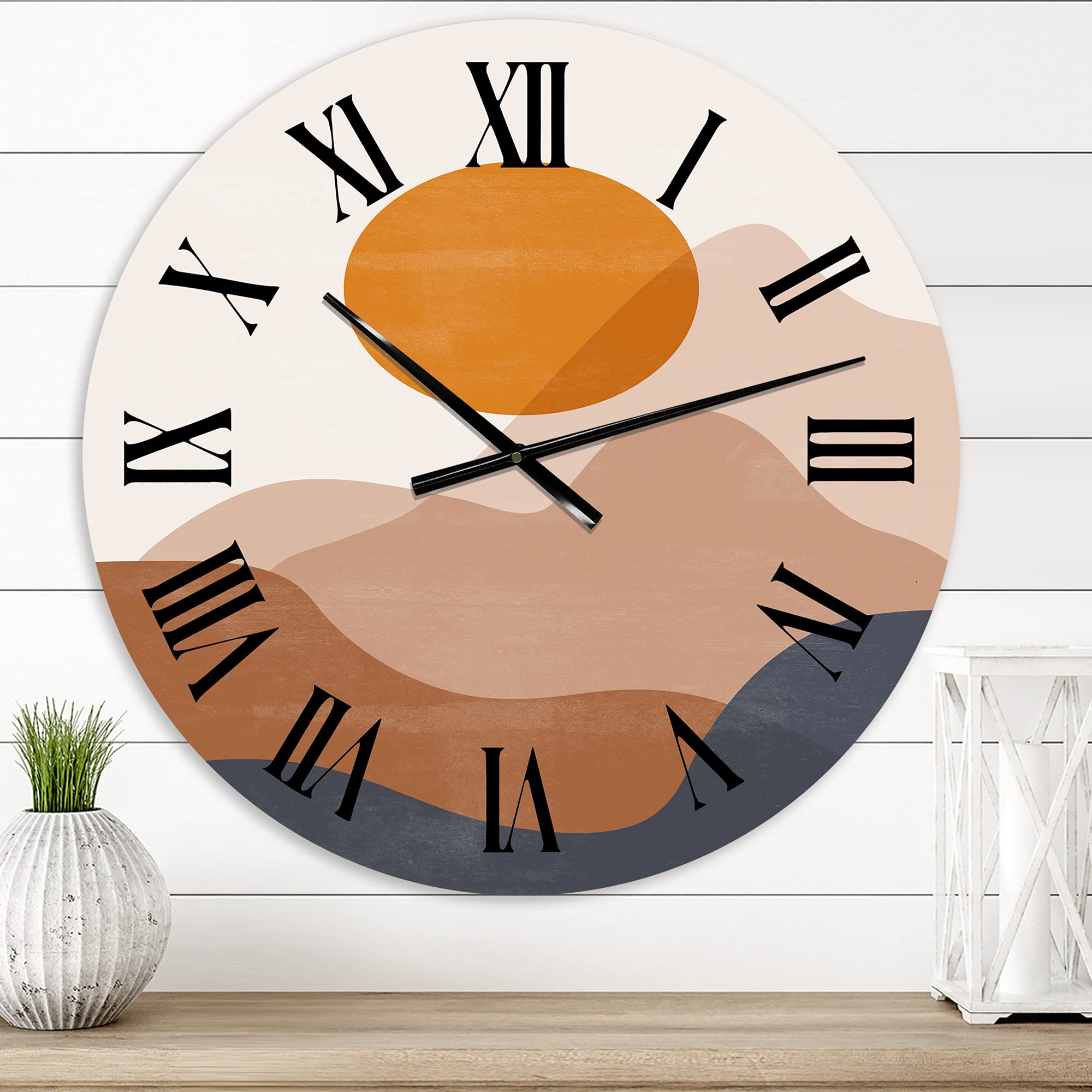 Abstract Red Moon in Earth Toned Mountains II - Modern Large Wall Clock for Home & Office Decor | Fractal Art Design | Perfect for Living Room, Bedroom or Workspace