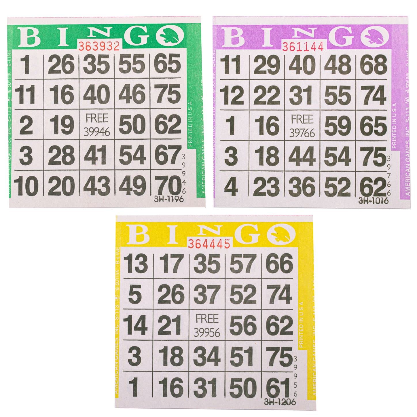 Triple Pack Bingo Cards - 1500 Count (500 Green + 500 Purple + 500 Yellow) - 4 Inch Square Game Cards for All Ages - Perfect for Family Game Nights, Classroom Activities, and Senior Center Events