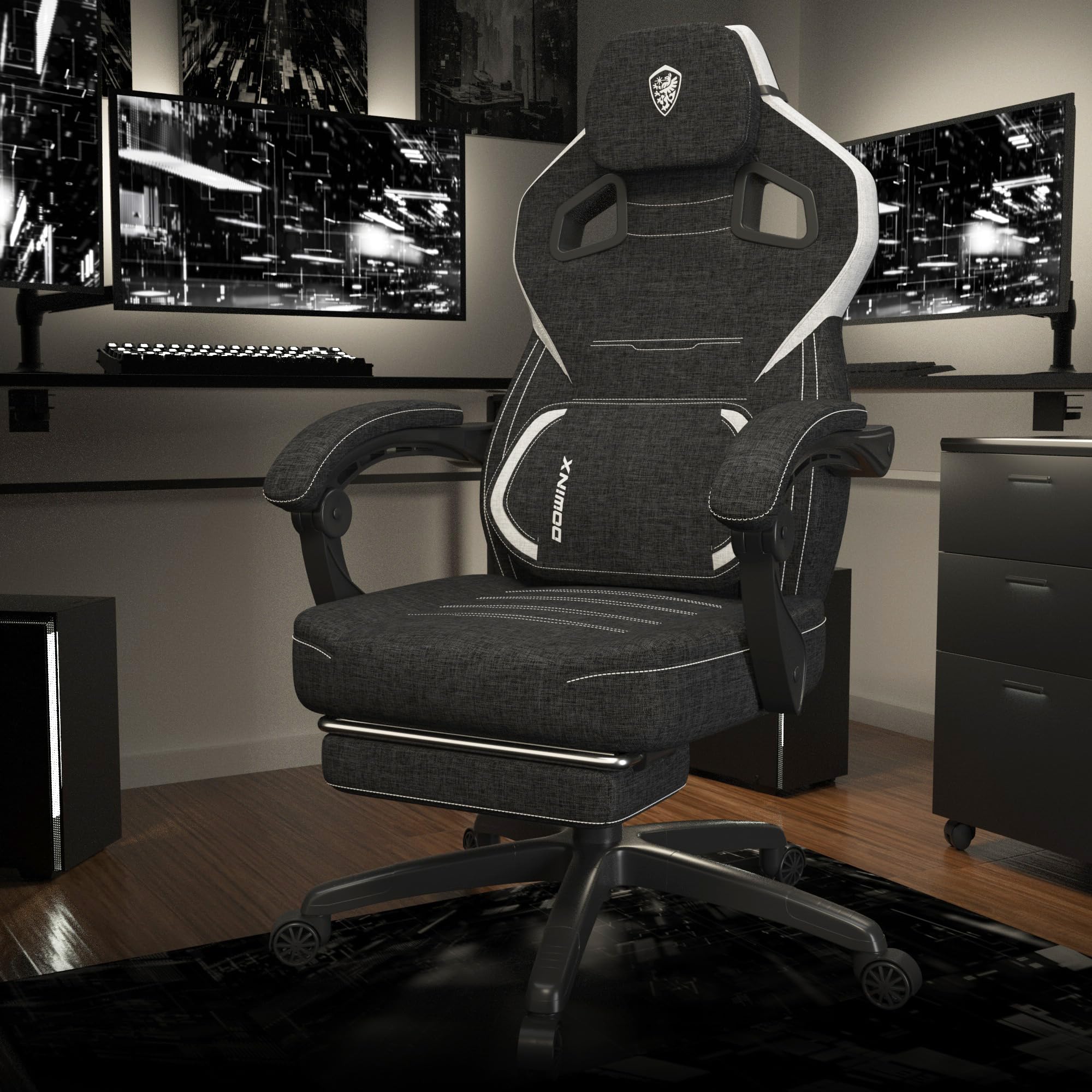 Dowinx Ergonomic Fabric Gaming Chair with Adjustable Footrest & Massage - Big and Tall Computer Chair for Adults up to 200lbs - Heavy Duty Gaming Chair with Headrest - Perfect for Office, Streaming & Esports (Black)