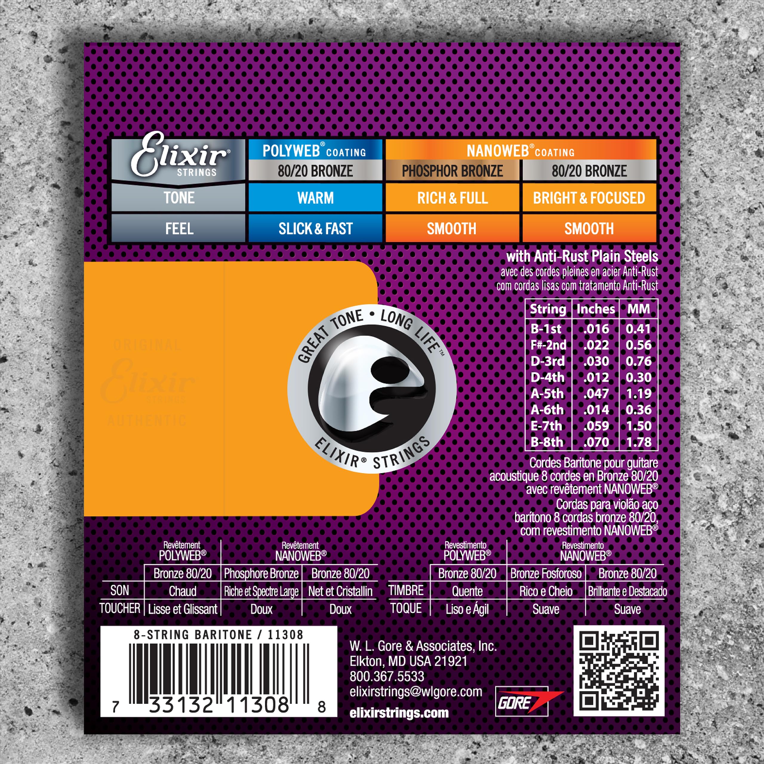 Elixir Strings 80/20 Bronze 8-String Acoustic Guitar Strings with NANOWEB Coating - Baritone Gauge (.016-.070) - Perfect for Extended Range & Fingerstyle Playing