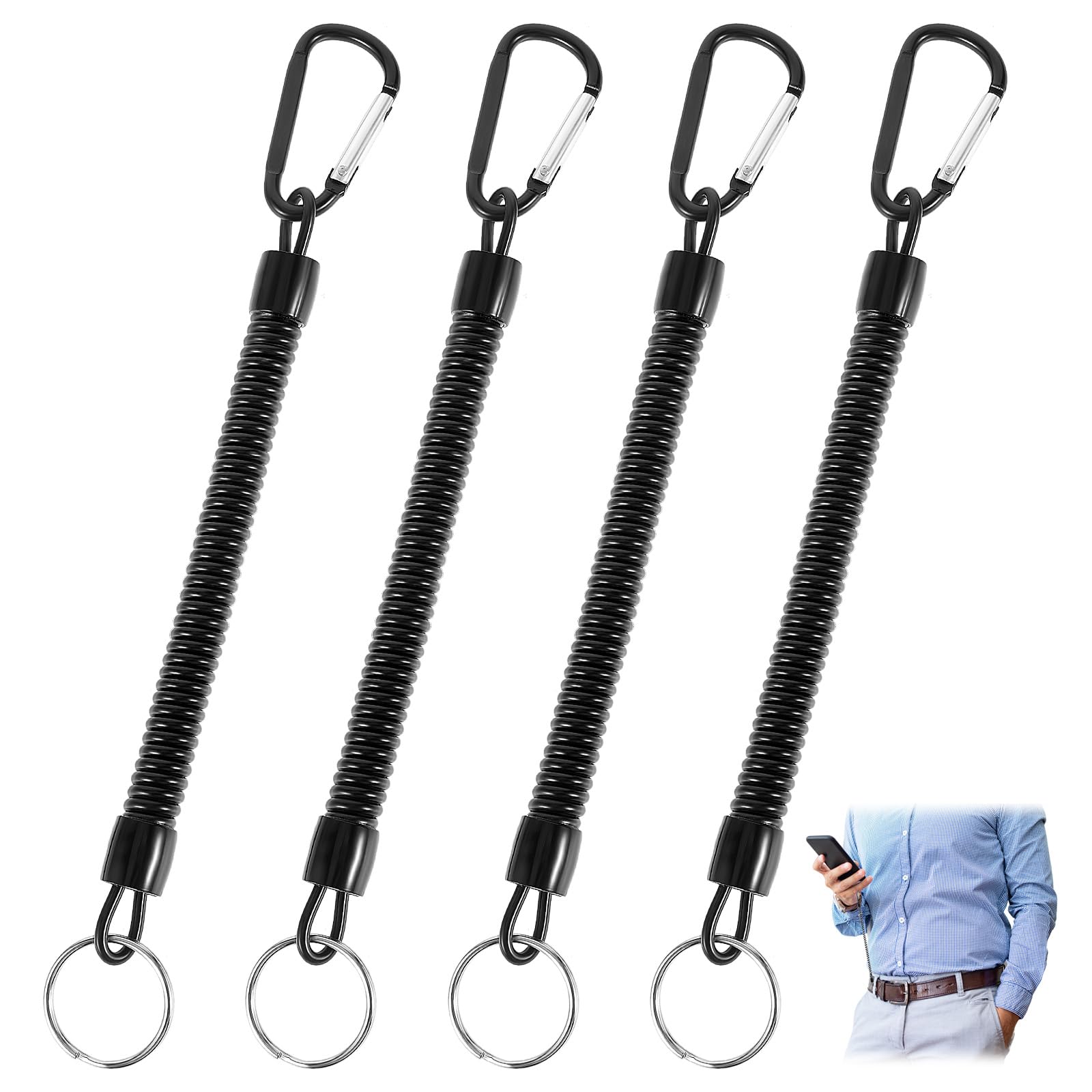 4pcs Heavy Duty Retractable Coiled Lanyard with Key Ring & Lobster Clasp - Fishing & Tool Lanyard, Wrist Coil Keychain for Keys, Wallet, Cellphone (Black) | Perfect for Outdoor Activities, Work, Gym & Daily Use