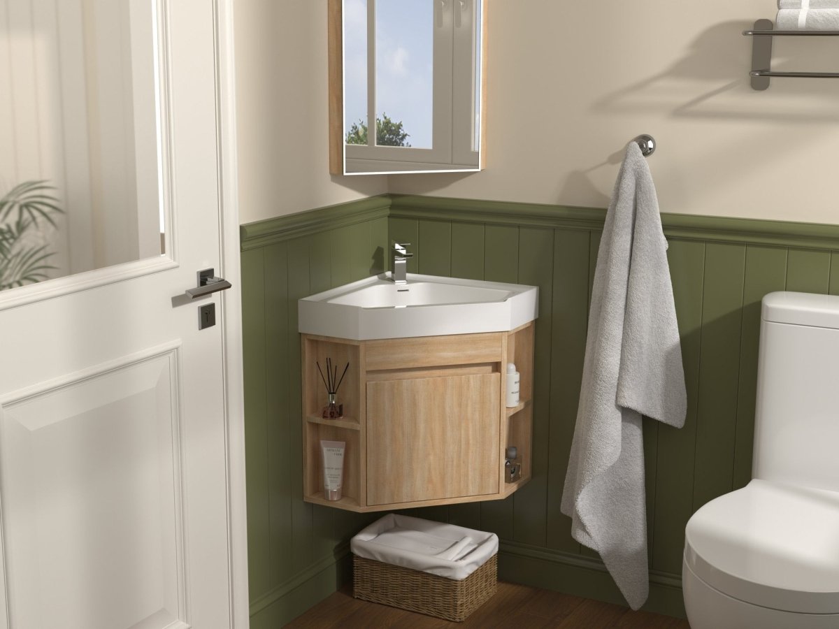 18 Inch Light Oak Trinsville Wall Mount Corner Bathroom Vanity with Matte Solid Surface - Space-Saving Modern Vanity for Small Bathrooms, Powder Rooms & Apartments