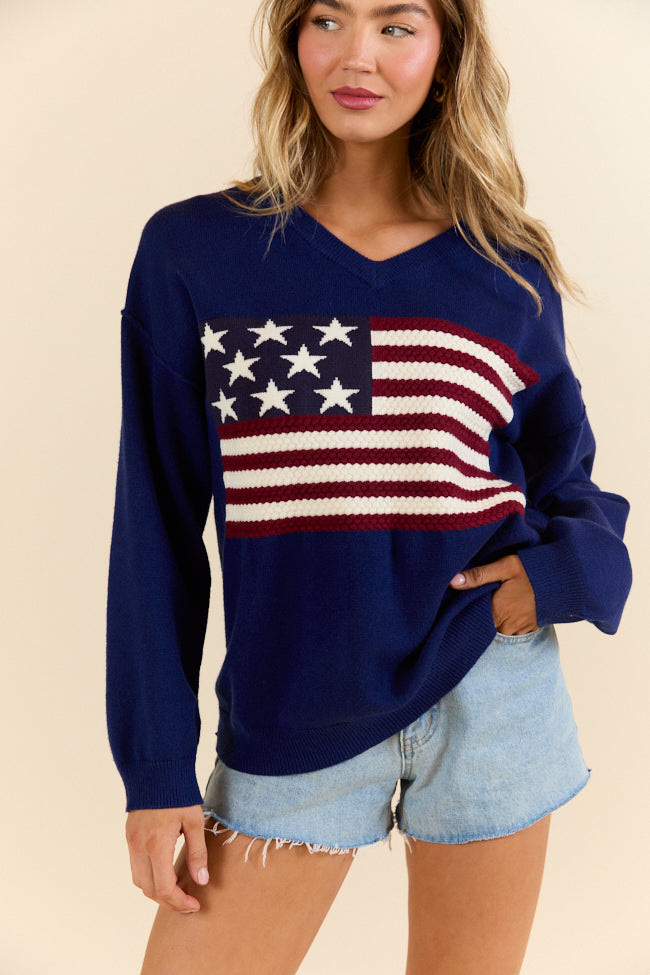 Patriotic Navy V-Neck Textured Flag Sweater for Men & Women - Cozy Pullover for 4th of July, Veterans Day & Casual Wear - Final Sale