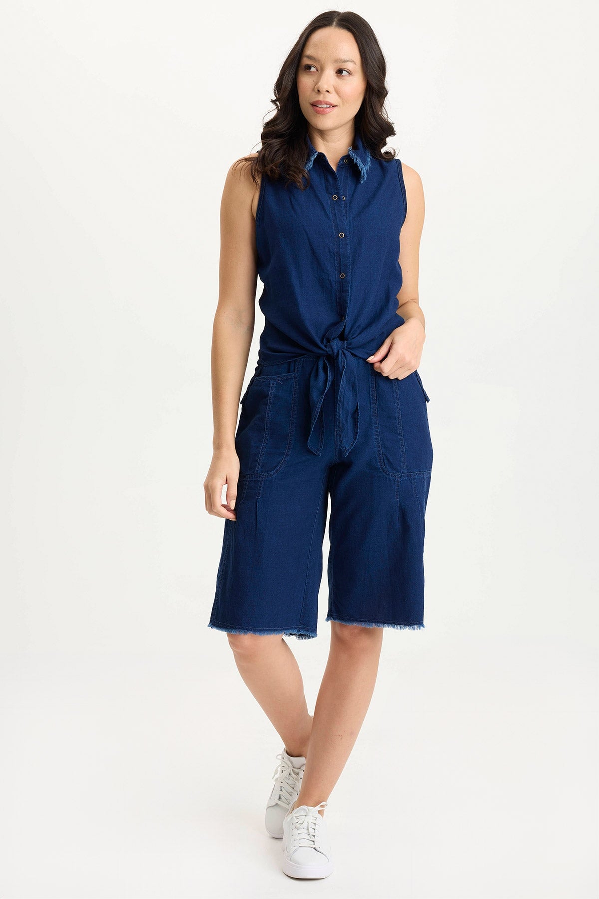 Tague Indigo Twill Knotted High-Low Snap Up Tank Top for Women | Casual Summer Outfit, Beachwear & Layering Staple