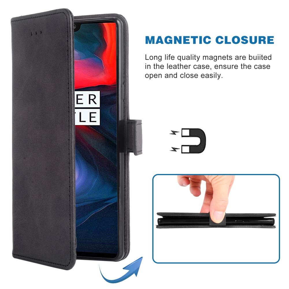 Premium Leather Wallet Case for OnePlus 6 - Flip Cover with Card Holder & Stand | Compatible with OnePlus 6 A6000 | Stylish Folio Phone Case for Men & Women (Black) | Perfect for Business, Travel & Everyday Use