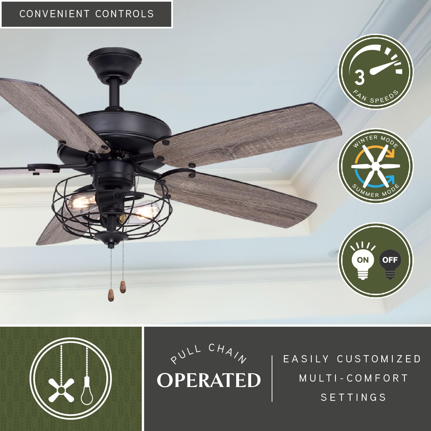 VAXCEL Reed 48-inch Matte Black Farmhouse Ceiling Fan with LED Cage Light Kit & Pull Chains - Perfect for Living Room, Bedroom, and Outdoor Covered Patio