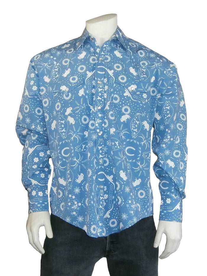 Rockmount 6733 Men's Western Shirt - Bison Bandana Print Plaid Button Down Shirt in Blue | Cowboy Style for Rodeo, Country Music Festivals & Casual Wear
