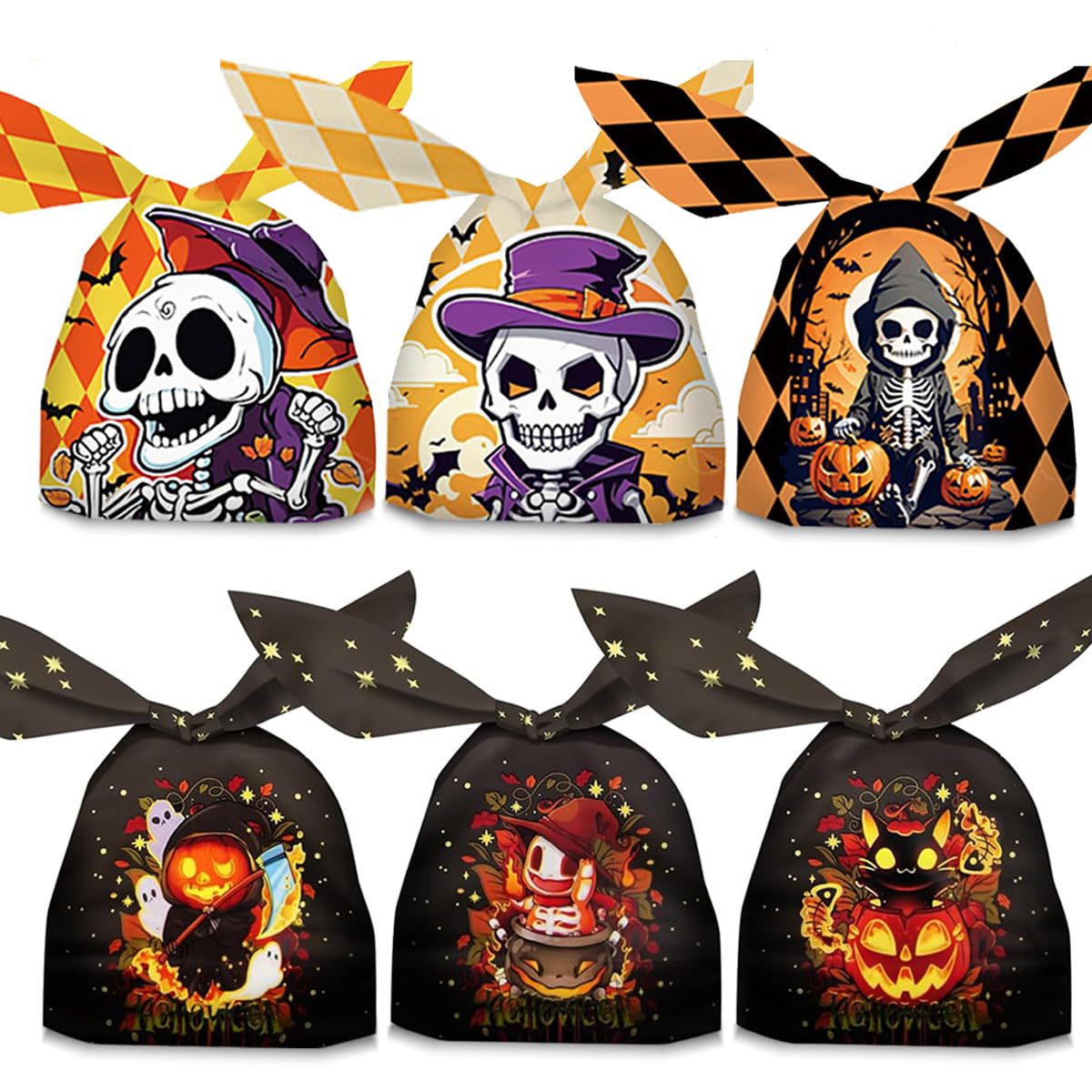 100Pcs Halloween Treat Bags - 6 Style Cute Rabbit Ear Plastic Candy Bags for Kids, Trick or Treat Party Favors & Goodie Gifts | Perfect for Halloween Parties, Classroom Treats & Neighborhood Trick-or-Treating