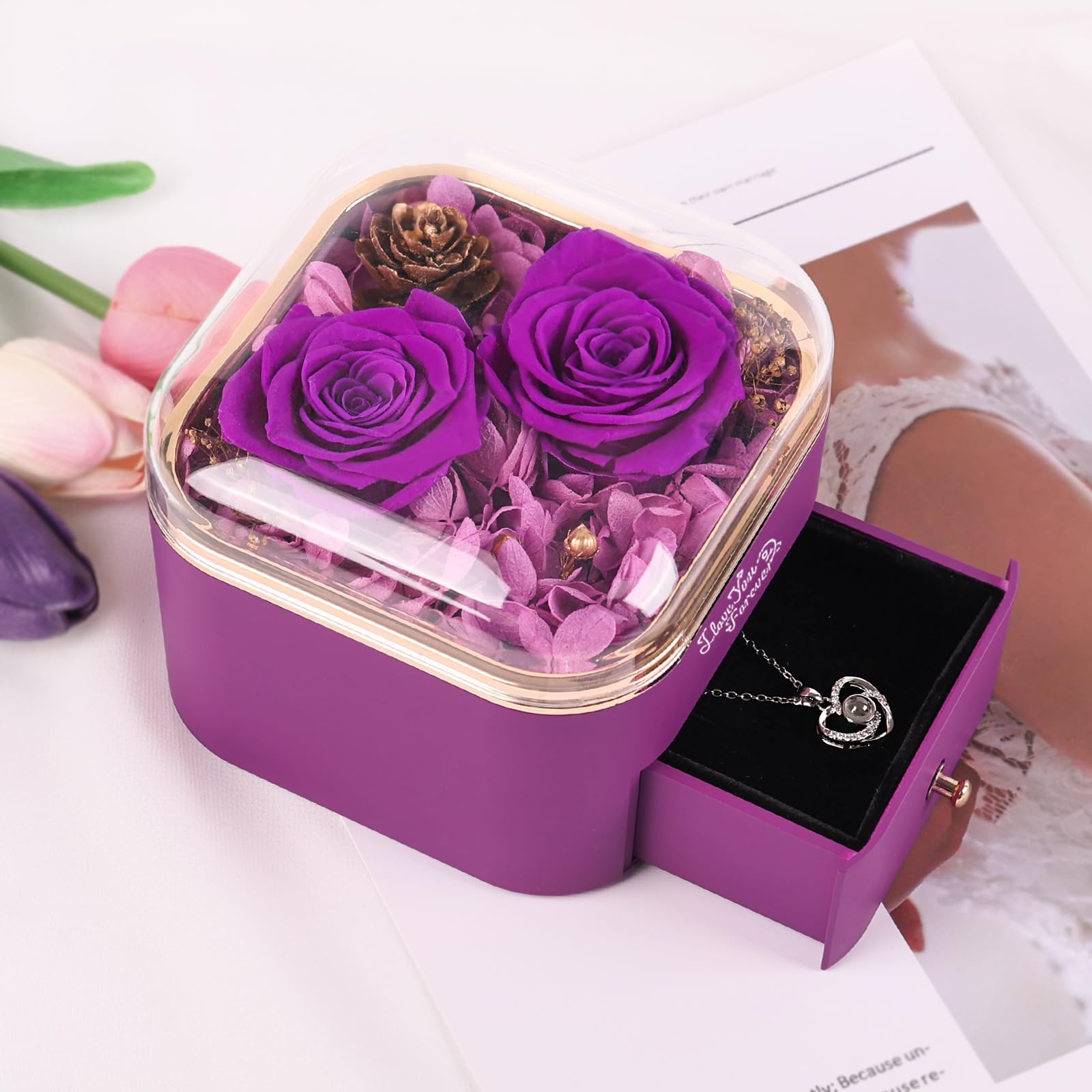 DEEMEI Preserved Real Purple Rose with Heart Necklace - Eternal Flower Gift for Women, Mom, Wife, Girlfriend | Perfect for Mother's Day, Birthday, Anniversary | Romantic Home Decor & Special Occasion Gift