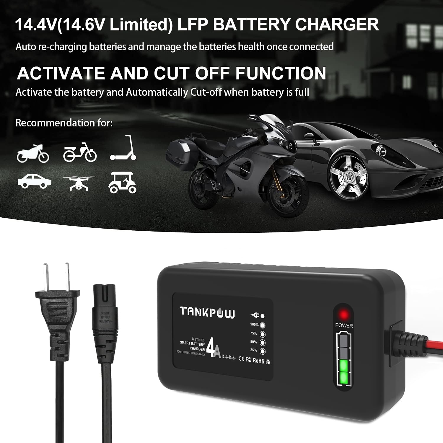 4-Amp LiFePO4 Battery Charger | 14.6V Smart Lithium Battery Charger for Cars, Motorcycles, Lawn Mowers & More | Fast Charging for Deep Cycle, Golf Cart, UAV & Marine Batteries | Perfect for RV, Boat & Outdoor Power Equipment