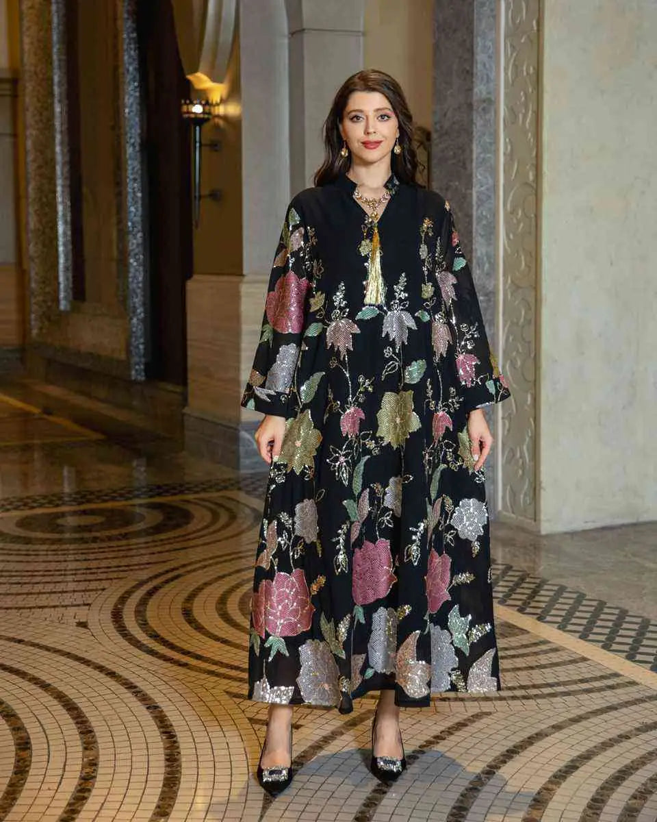 Elegant Eid Dress for Women - Embroidered Sequin Chiffon Kaftan Caftan Outfit | Perfect for Eid Celebrations, Weddings & Special Occasions