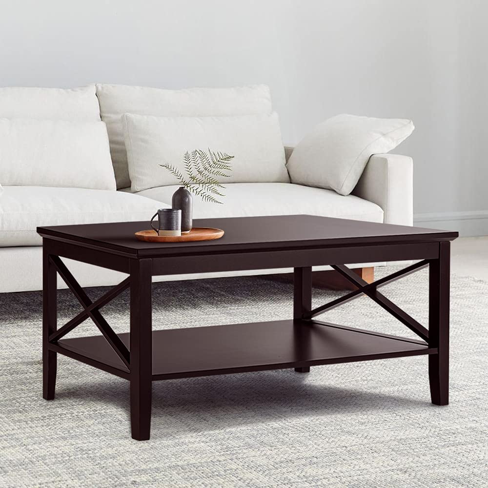 ChooChoo 40-inch Espresso Wood Coffee Table with Thicker Legs & Storage - Modern Living Room Furniture for Small Spaces, Home Decor, and Family Gatherings