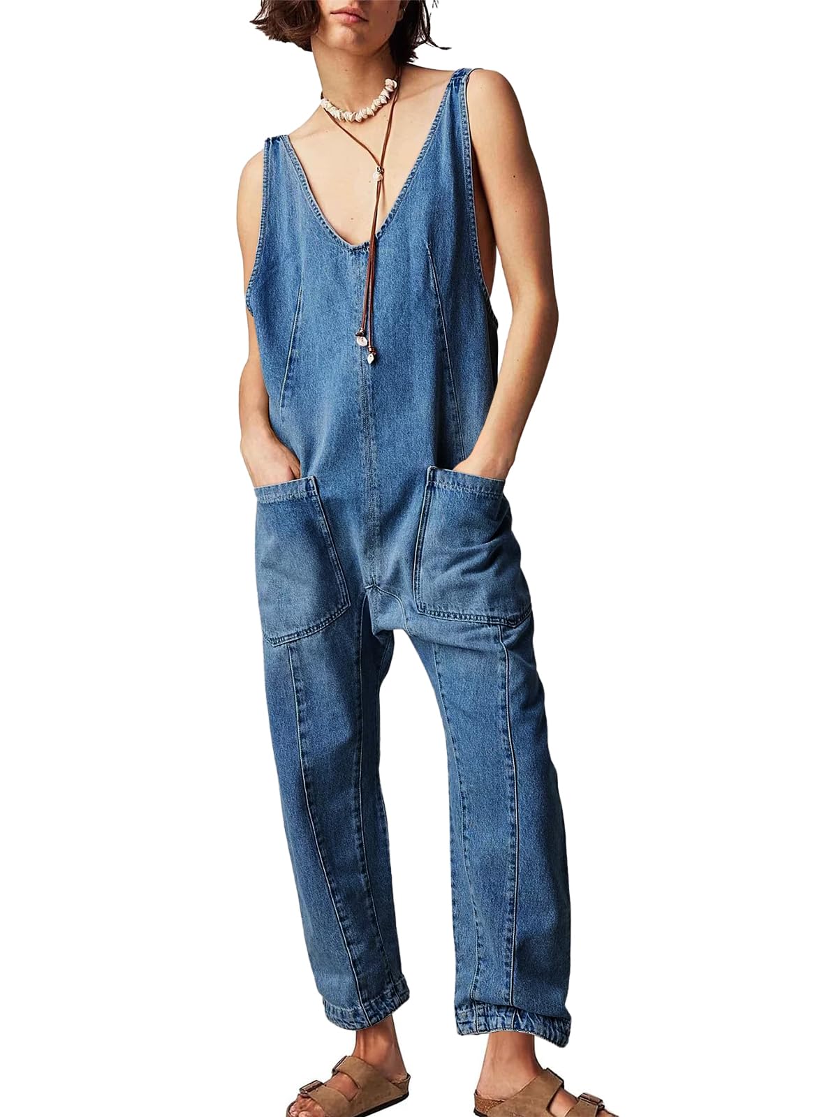 PLNOTME Women's Denim Overalls - Sleeveless V-Neck Adjustable Strap Jumpsuit with Long Pants | Casual Summer Outfit, Outdoor Activities, Streetwear Fashion