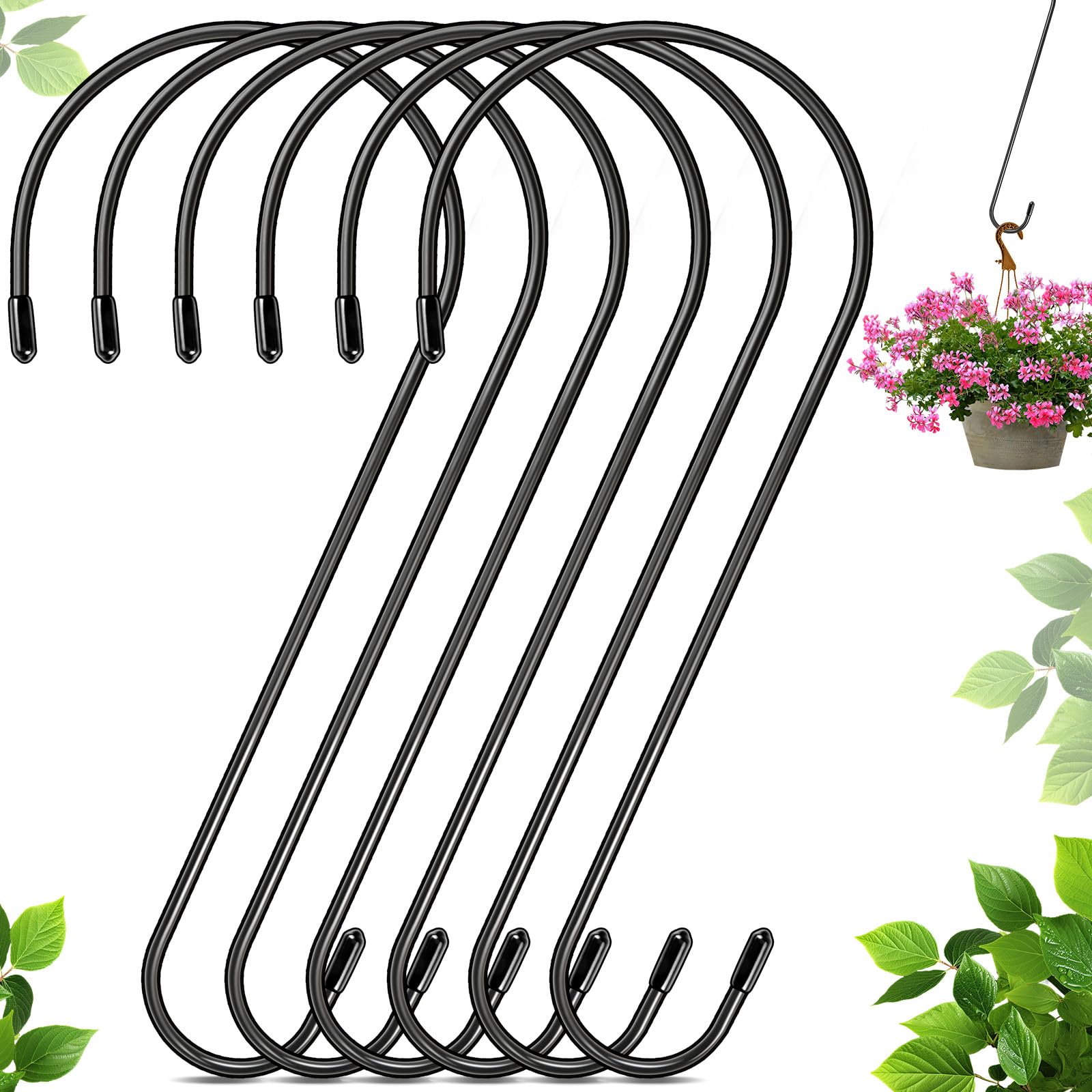 6 Pack 12 Inch Heavy Duty Rust-Proof S Hooks for Hanging Plants, Bird Feeders & Home Decor - Outdoor & Indoor Use for Patio, Garden, Garage & Wall Organization