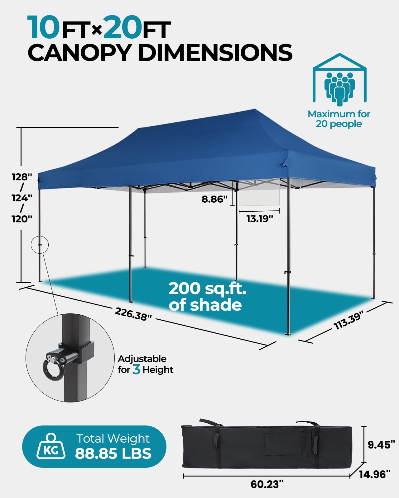 10x20 Commercial Pop Up Canopy Tent with Roller Bag - Adjustable Height Pull Ring Design - UPF50+ UV Protection - Includes 6 Stakes, 6 Sandbags & 6 Ropes - Perfect for Outdoor Events, Beach Parties, Farmers Markets, Camping & Backyard Gatherings - Blue