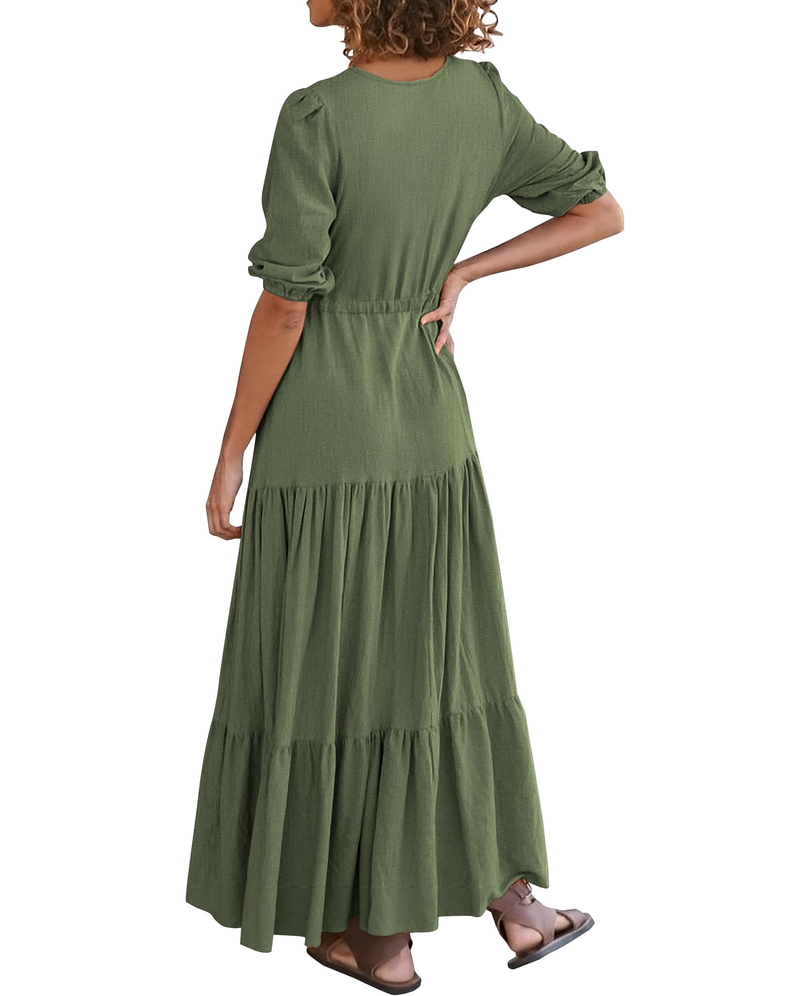 BTFBM Women's Summer Maxi Dress - Short Sleeve V-Neck Button Down Boho Long Dress with Drawstring Waist | Casual Beach, Vacation & Everyday Wear Solid Color Dress
