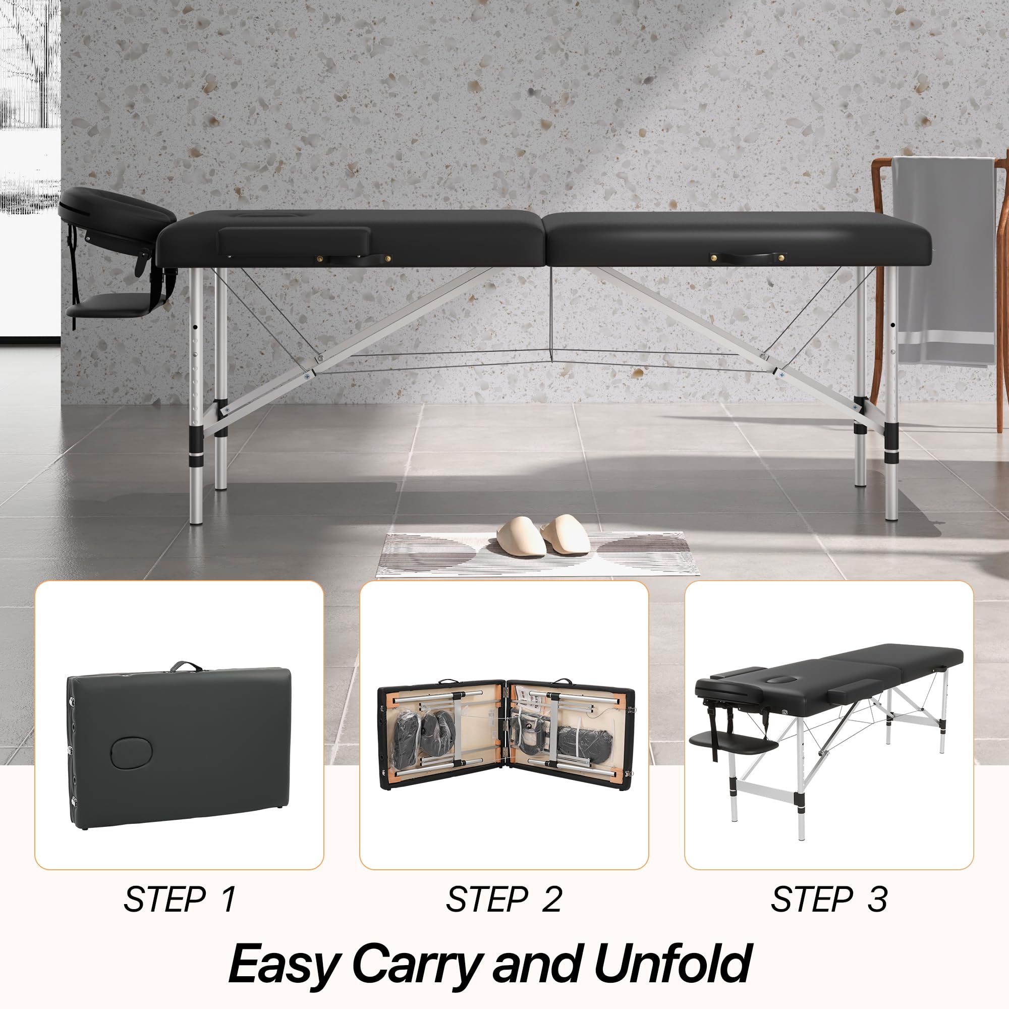 Portable 2-Section Foldable Massage Table - Adjustable Height Spa & Tattoo Bed with Face Cradle | Lightweight Aluminum Frame Salon Bed for Home, Facial & Lash Treatments | Perfect for Professional Therapists & Home Spa Use