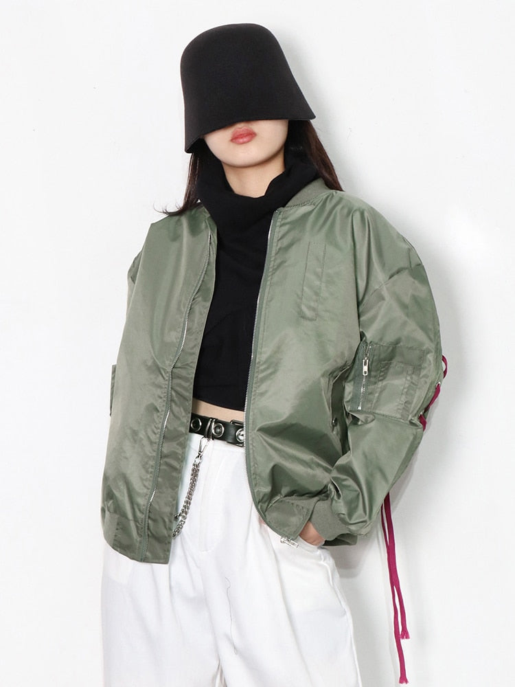 Women's Bandage Lace-Up Long Sleeve Coat with Stand Collar - Colorblock Streetwear Jacket for Fashion Outfits | Perfect for Casual Wear, Night Out, and Urban Street Style