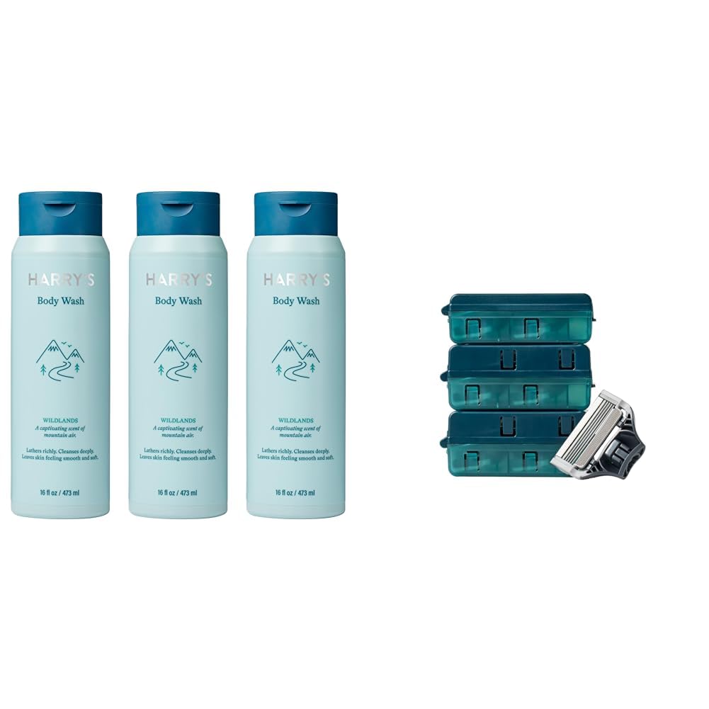Harry's Men's Body Wash & Shower Gel Set - Wildlands Scent, 16 Fl Oz (Pack of 3) + 10 Razor Blade Refills for Men - Hydrating Shower Gel & Smooth Shaving Kit for Daily Grooming & Travel Essentials