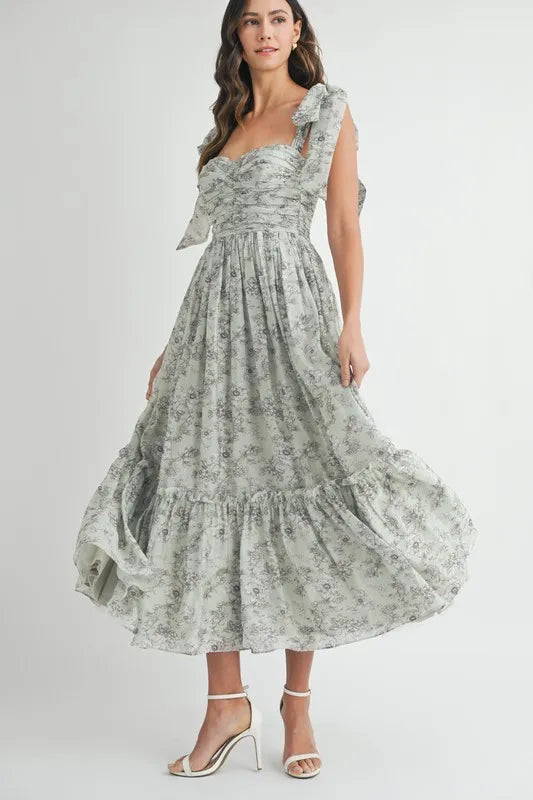 Floral Print Ruched Midi Summer Dress with Shoulder Tie - Women's Elegant Party & Beach Vacation Outfit