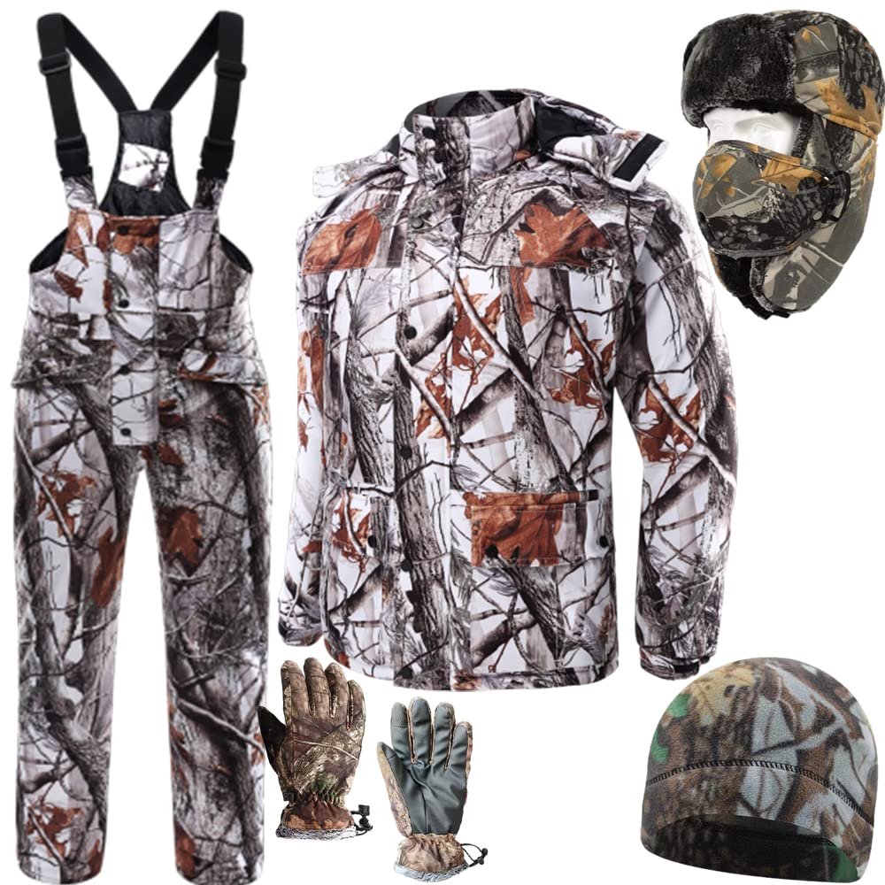 **Men's & Women's Winter Camo Hunting Suit Set - 5-Piece Warm Fleece Jacket, Down Coat, Pants & Bibs for Cold Weather Hunting & Camping**    *(Optimized for cold-weather hunting, outdoor adventures, and winter camping – keeps you warm and camouflaged in the wild.)*