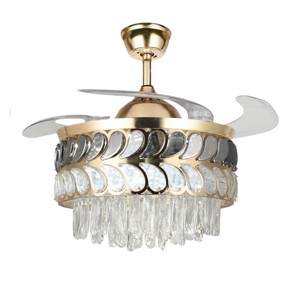 KPIBEST 42 Inch Crystal Ceiling Fan with Remote Control - 3 Color Changing LED Lights, Retractable Blades, Modern Chandelier Design for Living Room, Bedroom, Dining Room - Perfect for Home Decor & Air Circulation