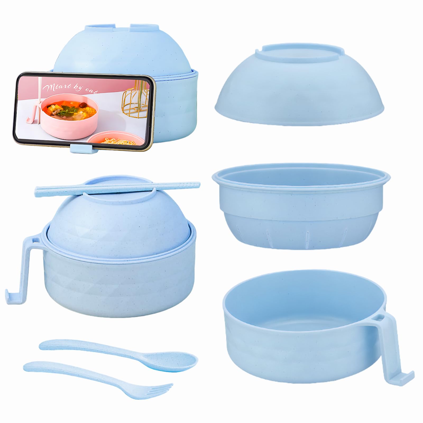 Upgraded Microwave Ramen Bowl Set with Strainer & Utensils - Portable Noodle Cooker for Office & Dorm (Blue)