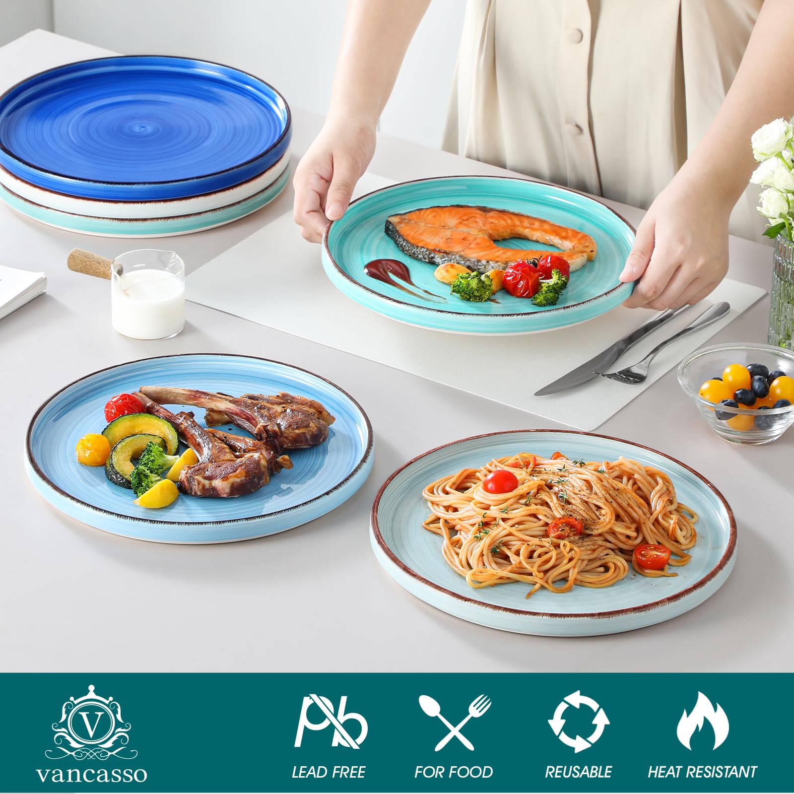 Vancasso Bonita 10.5 Inch Ceramic Dinner Plates Set of 6 - Microwave, Oven & Dishwasher Safe Large Dinnerware Plates for Kitchen, Dining Room & Restaurant Use - Elegant Blue Tableware for Everyday Meals & Special Occasions