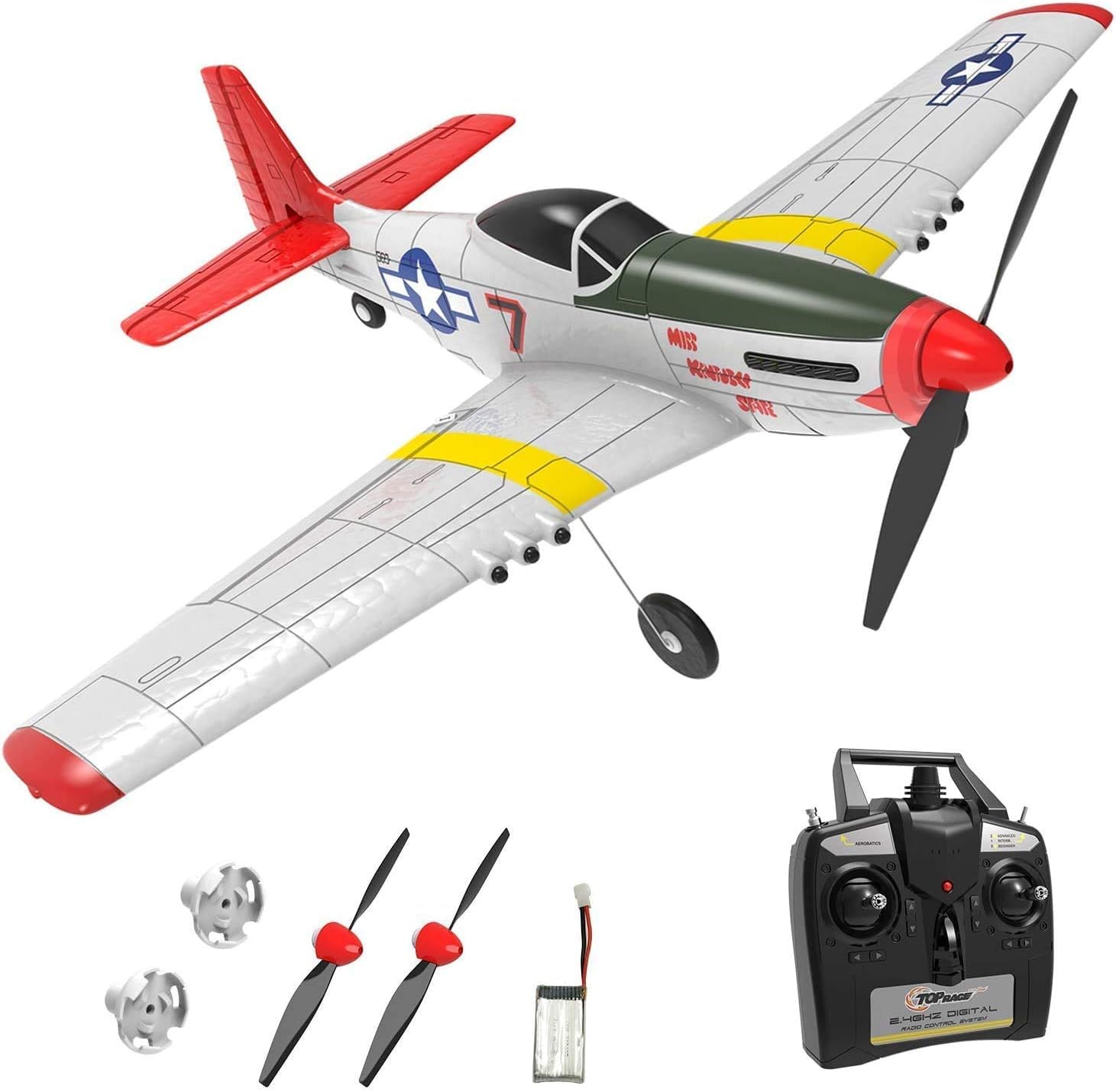 Top Race 4 Channel Ready to Fly RC Airplane for Adults - Advanced Remote Control Foam Plane, P51 Mustang & Cessna Style War Plane with Propeller Saver (14x15 Inch) - Perfect for Outdoor Flying, Hobbyists & RC Enthusiasts