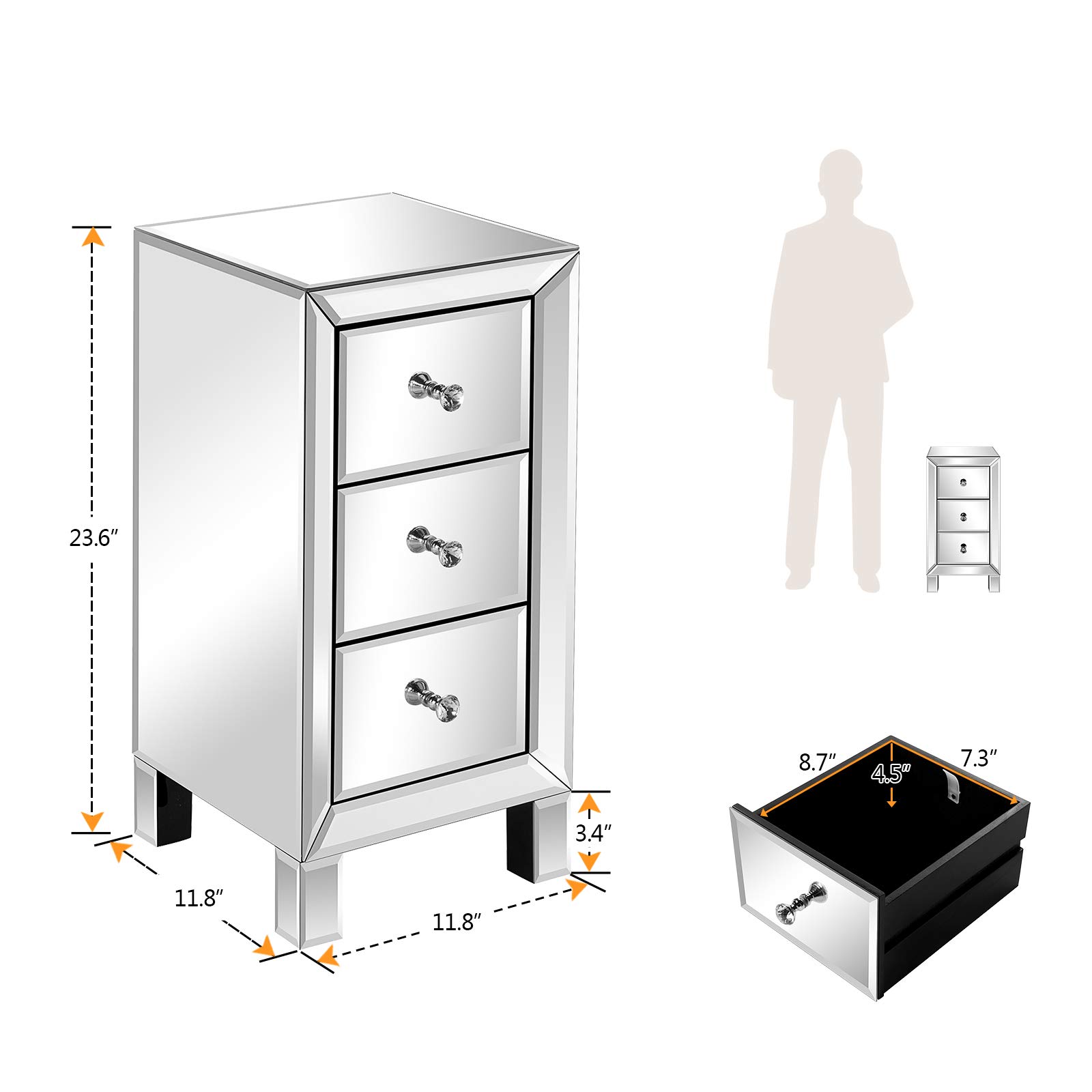 Bonnlo 3-Drawer Mirrored Nightstand - Silver Bedside Table with Storage for Bedroom & Living Room, 11.7