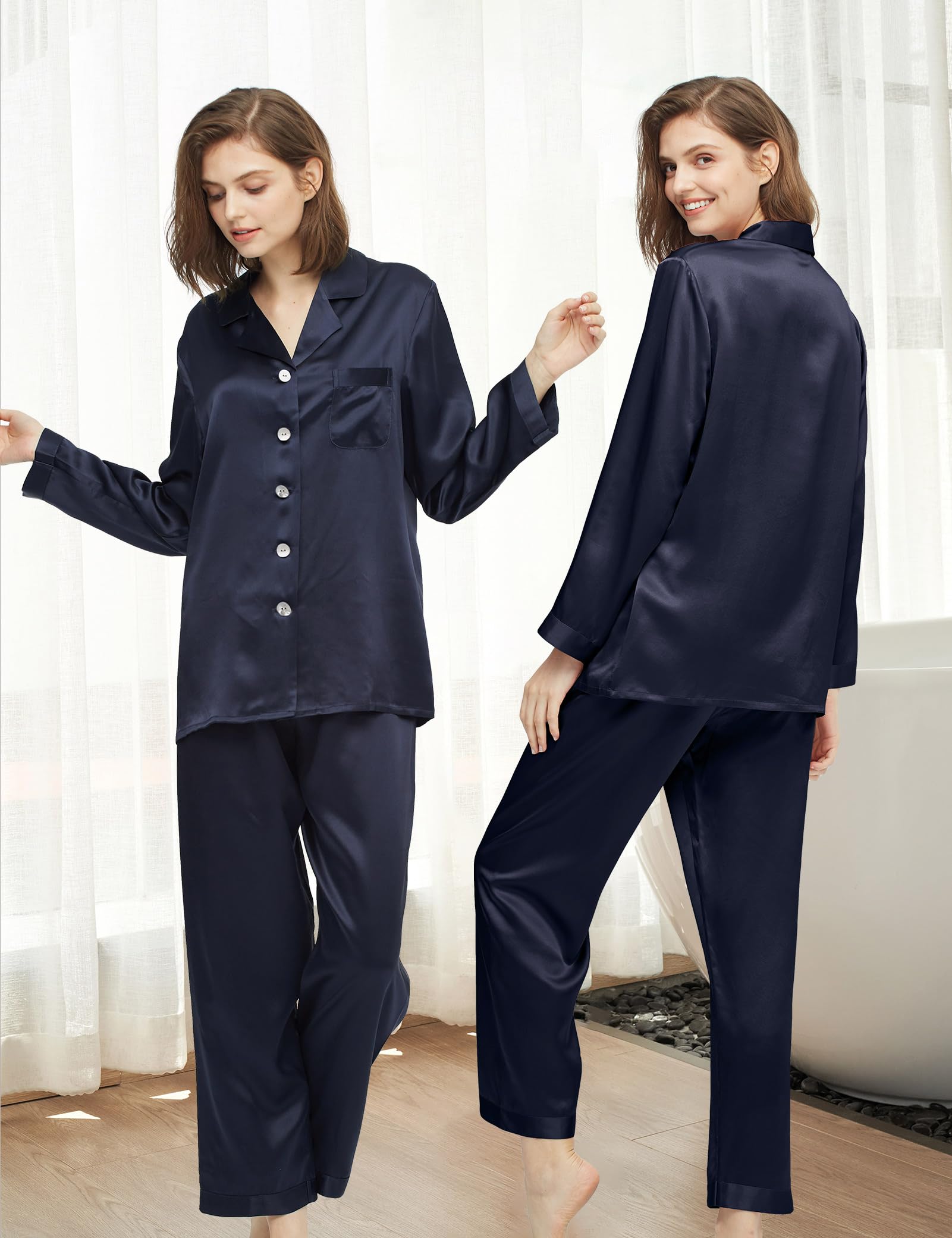 Luxury 100% Mulberry Silk Pajamas for Women - 22 Momme Pure Long Sleeve Nightwear Set | Soft & Breathable Sleepwear for Comfortable Nights, Gifts for Her, Bridal Loungewear