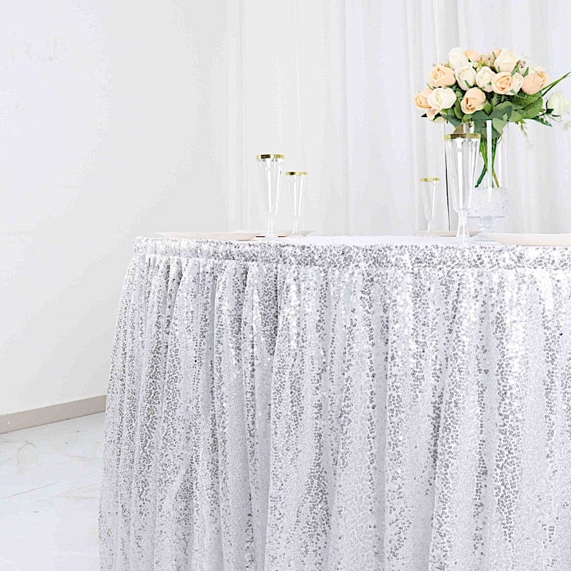 17 ft Sequin Pleased Satin Table Skirt with Closure Strip - Elegant Party Decor for Weddings, Banquets & Special Events