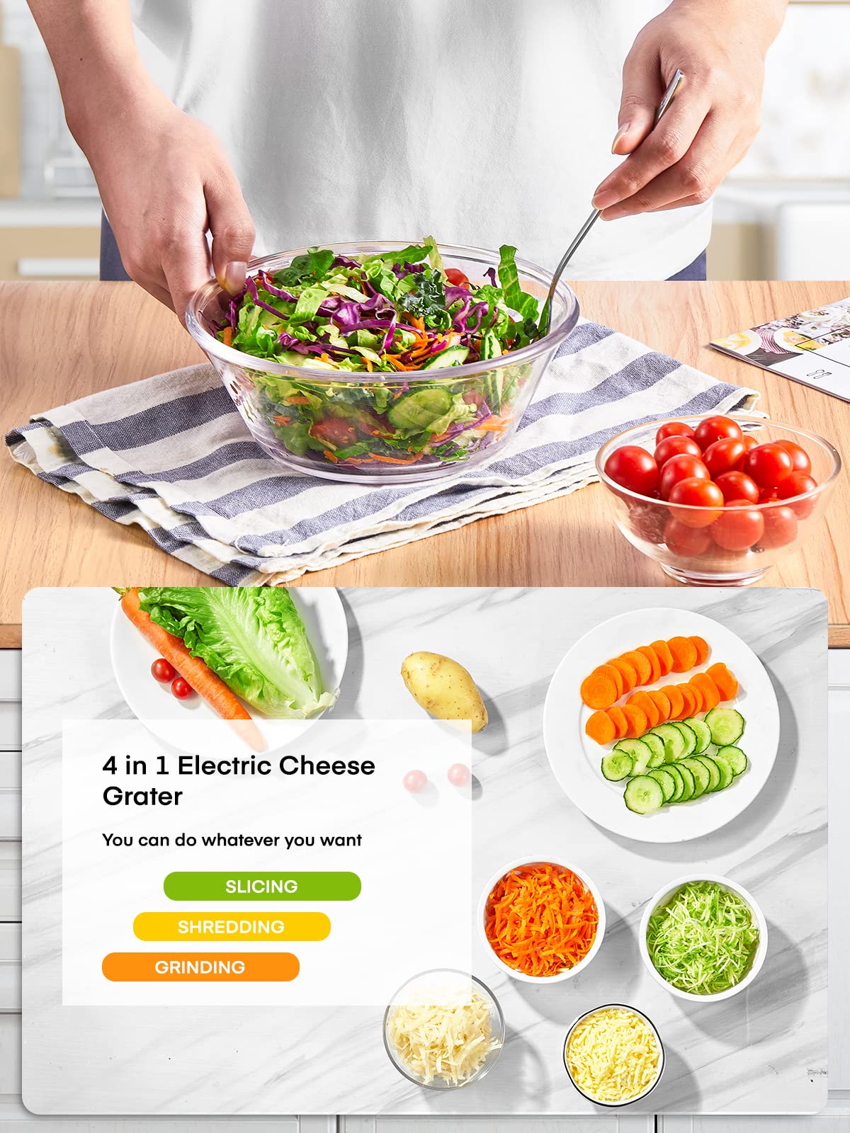 150W Electric Cheese Grater & Vegetable Shredder - 4 Interchangeable Cones for Cheese, Carrots, Cucumbers | Multi-Purpose Salad Maker & Food Processor for Kitchen, Party, Meal Prep