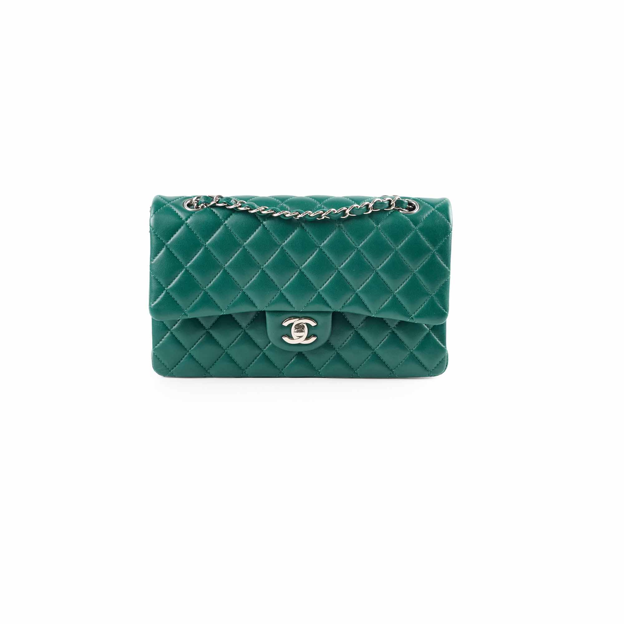 Chanel Medium Classic Flap Bag in Green Lambskin Leather with Silver Hardware - 25 Series | Luxury Handbag for Women, Perfect for Parties, Date Nights & Special Occasions