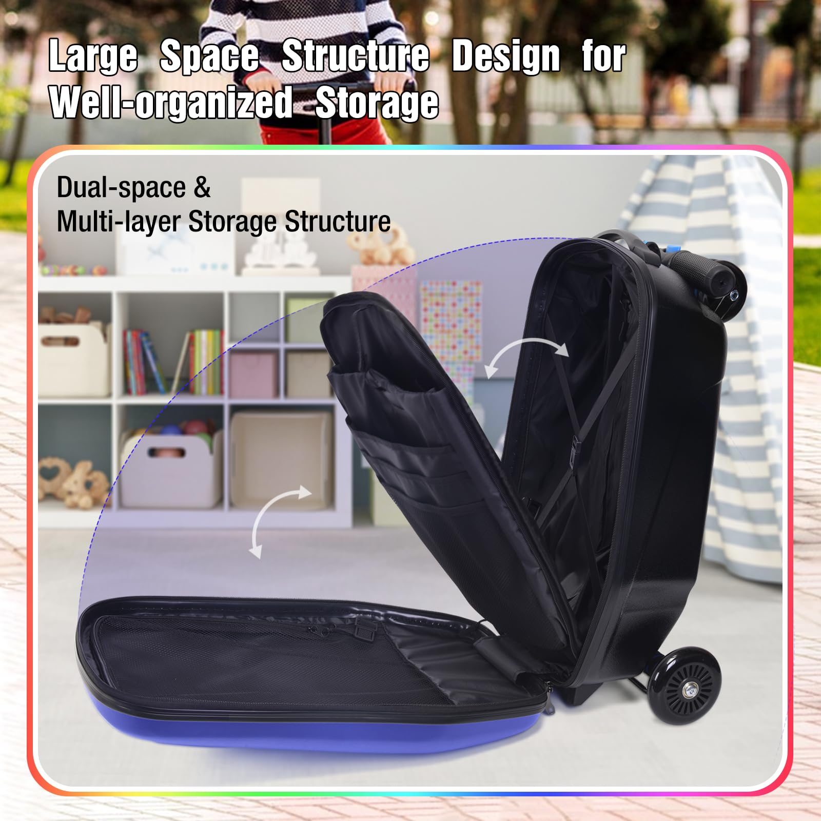 **Foldable Scooter Luggage for Kids Age 4-15 | 2-in-1 Hardshell Ride-On Suitcase with LED Wheels | Lightweight Carry-On Luggage for Travel, School & Airports (Blue)**