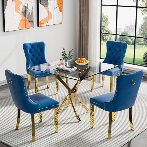 Gold Square Table With 4 Blue Chairs