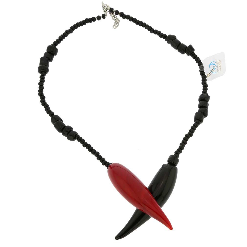 Authentic Murano Glass Horn Necklace in Red & Black - Handmade Venetian Jewelry for Women, Gift for Her, Perfect for Parties & Special Occasions