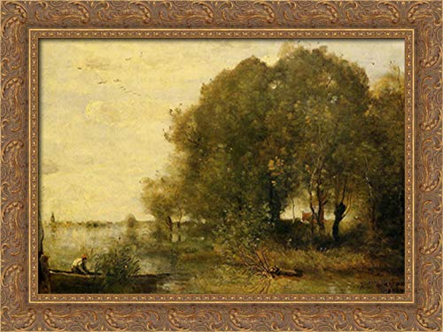 Jean Baptiste Camille Corot Wooded Peninsula 24x18 Gold Ornate Wood Framed Canvas Art - Classic Landscape Painting for Living Room, Bedroom & Office Decor