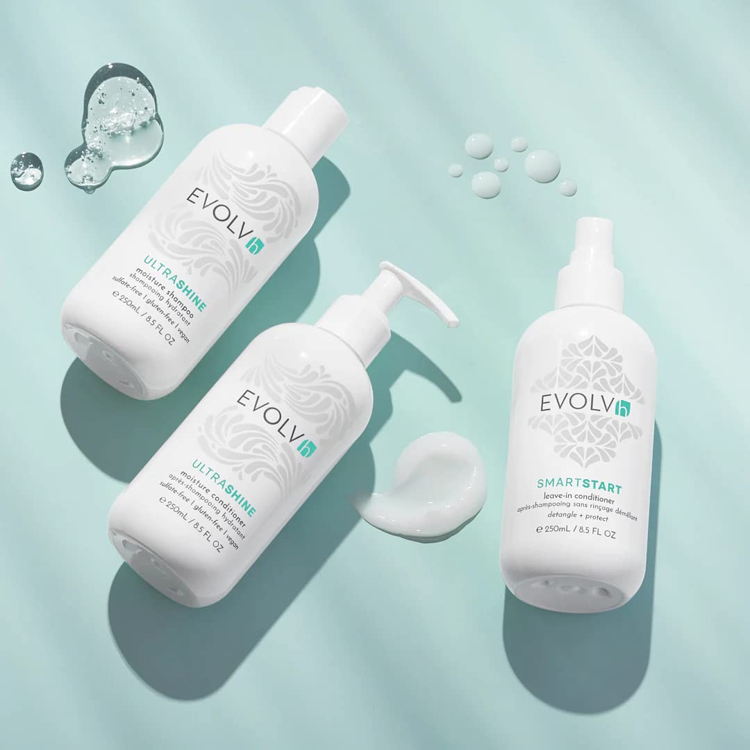 EVOLVh - Natural Healthy Hair Trio Set | UltraShine Moisture Shampoo, Daily Conditioner & Leave-In Conditioner (8.5 fl oz/250 mL) | Vegan, Non-Toxic, Clean Hair Care for Dry, Damaged Hair | Perfect for Daily Use, Travel & Salon-Quality Results at Home | Packaging May Vary